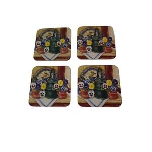 4 Cork Back Coasters in Floral Storage Box Vintage 1996
